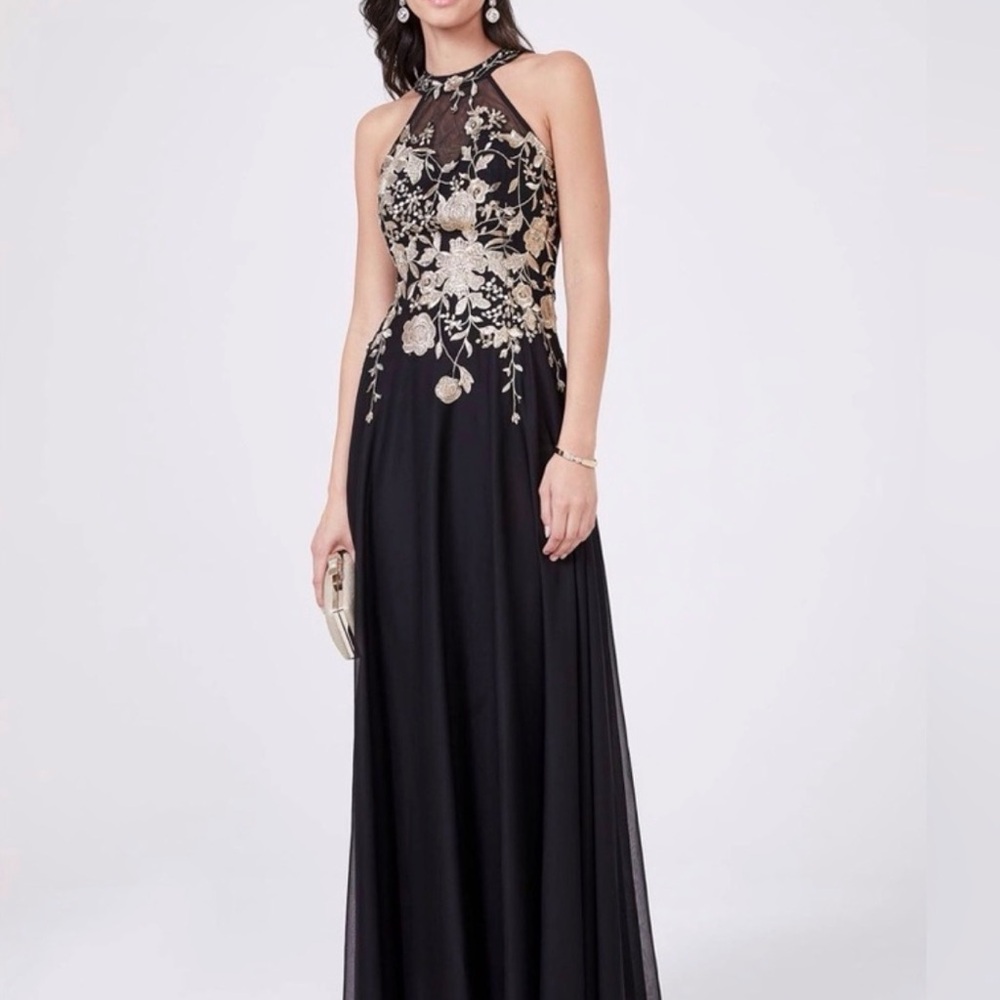 Betsy and Adam Petite Sleeveless Floral-Appliqué Illusion black Gown